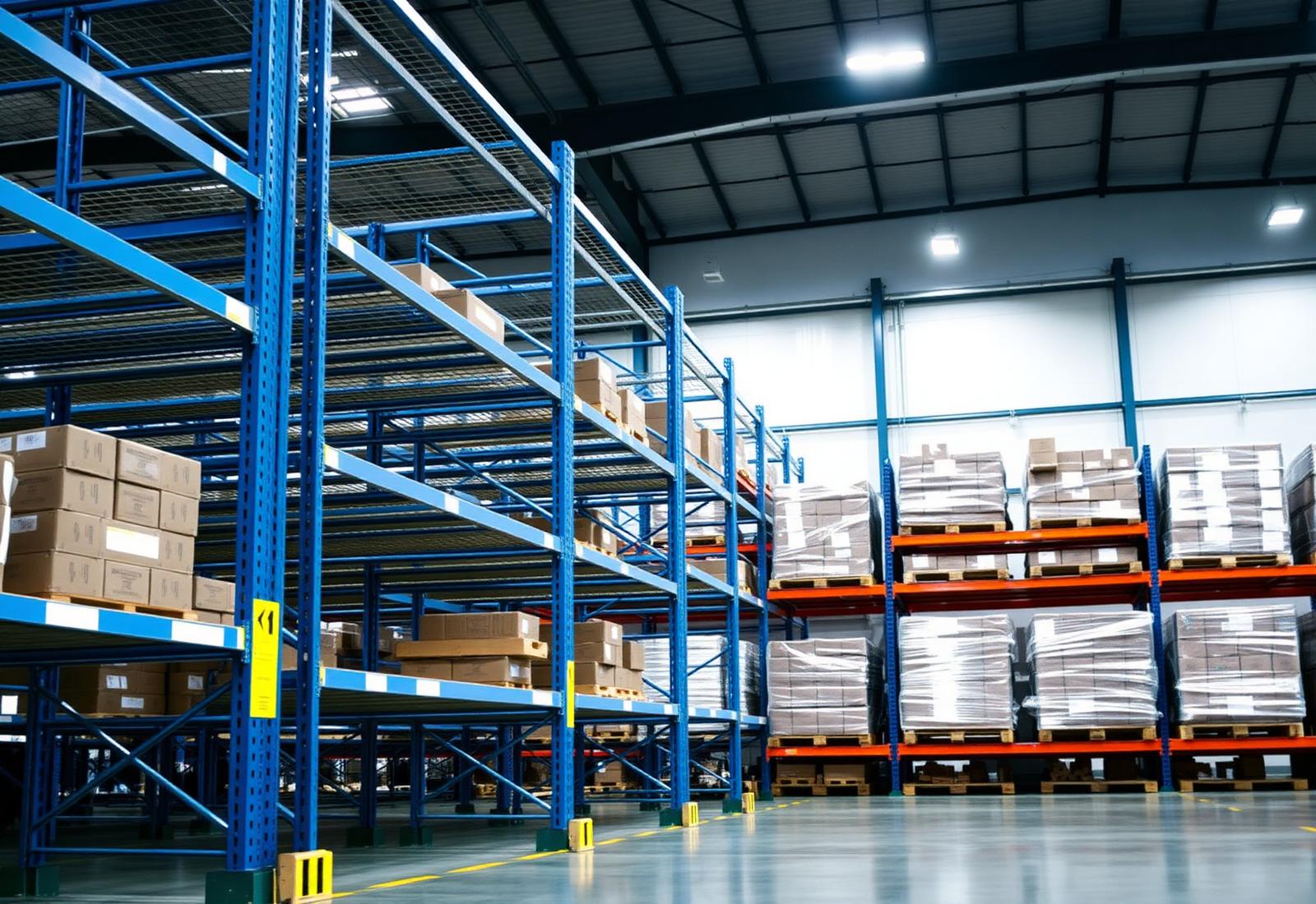 Galpão industrial com racks metálicos azuis e laranjas da Rackpack
